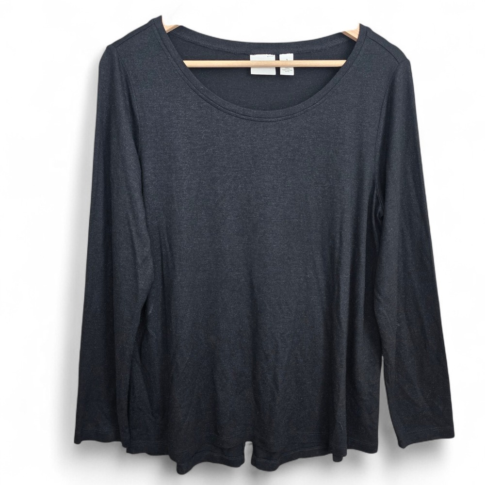 Chicos Zenergy Top Womens 1 US Medium Black Shimmer Scoop Neck Long Sleeve Tee
